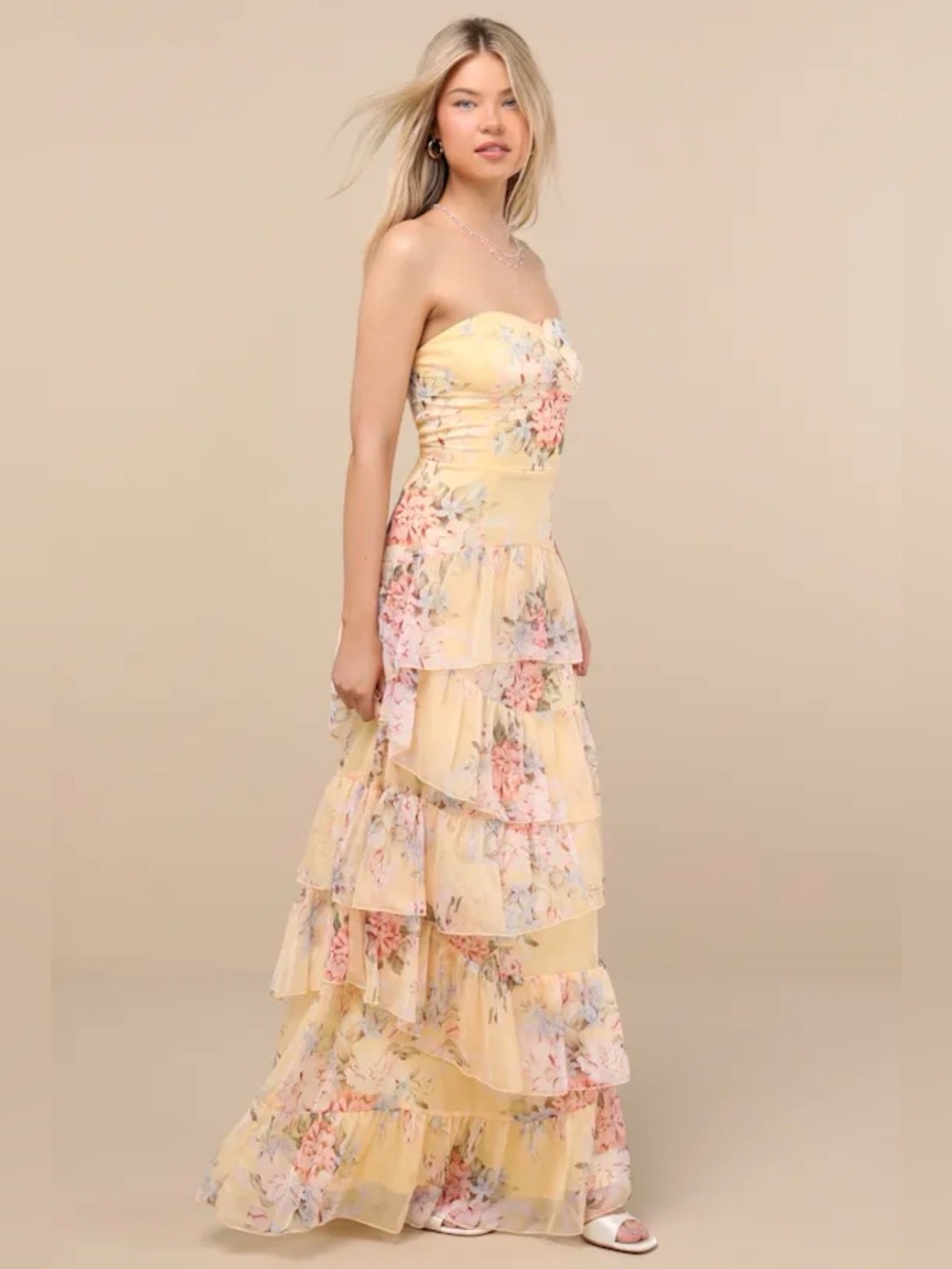 Lulus Niyati Yellow Floral Strapless Tiered Maxi Dress Size Medium NEW w/ Tag